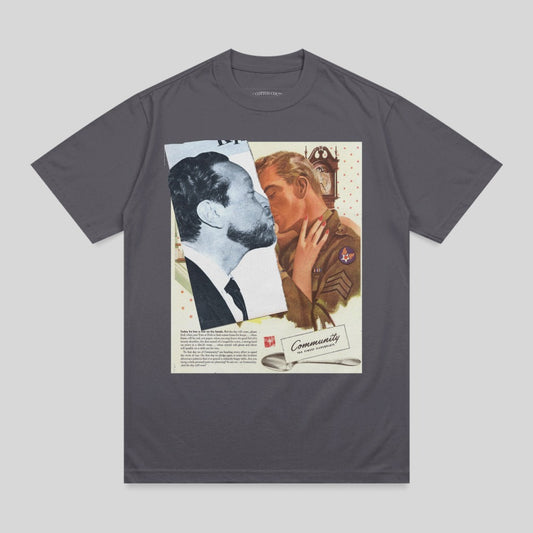 T-shirt with vintage ad featuring two men kissing.