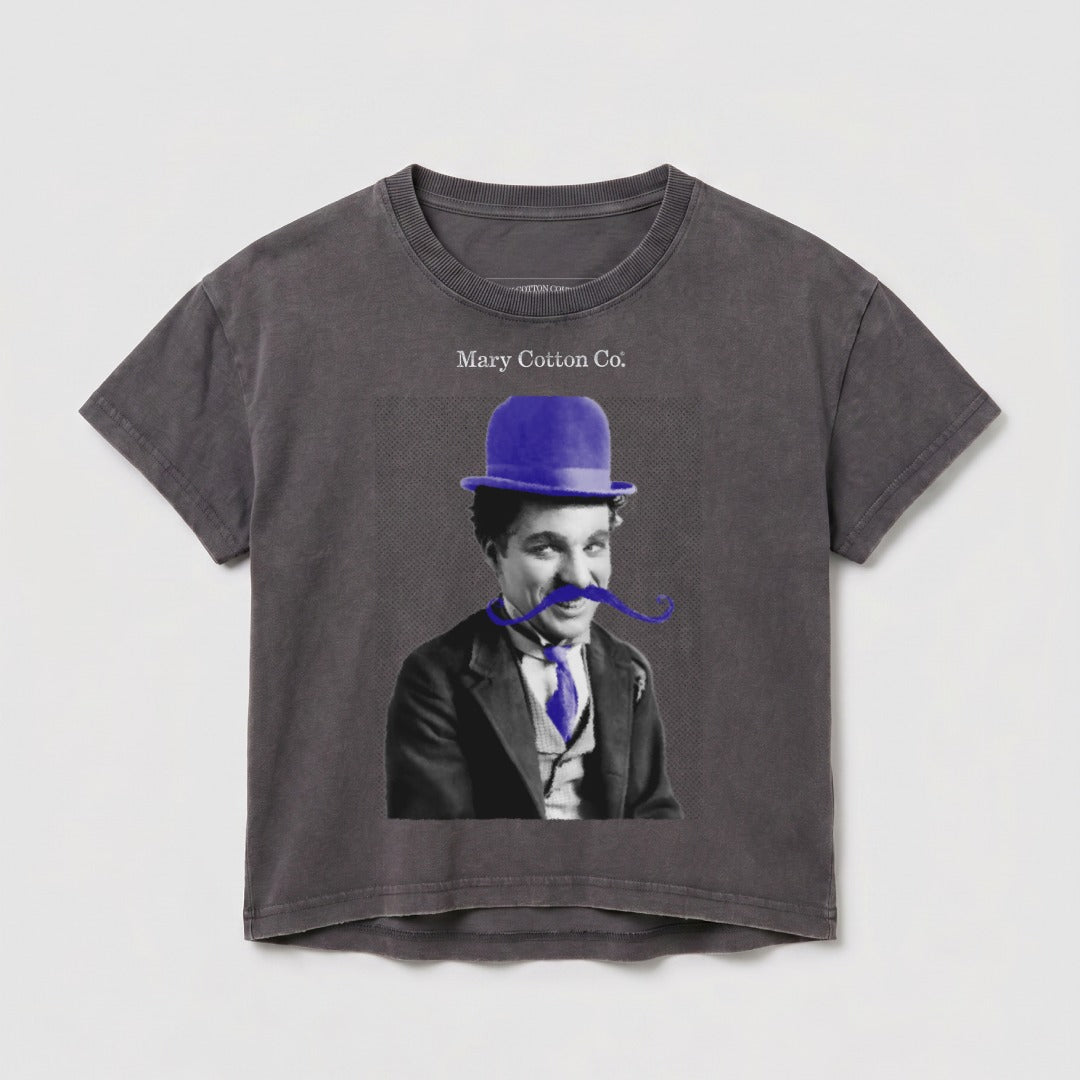 T-shirt with Charlie Chaplin's character wearing a blue hat and blue tie.
