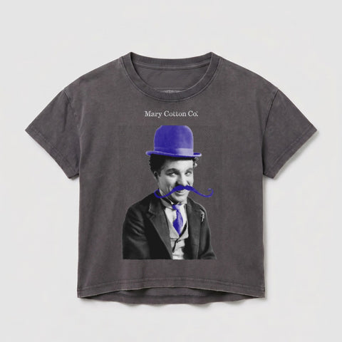 T-shirt with Charlie Chaplin's character wearing a blue hat and blue tie.