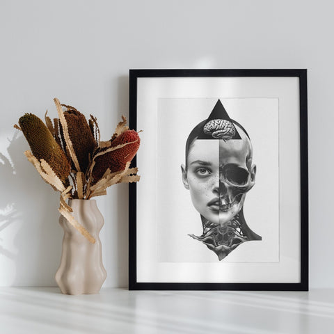 Modern Duality Art Print with Brain and Skull Motif