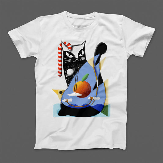 Abstract Art Cat and Fruit Design T-Shirt