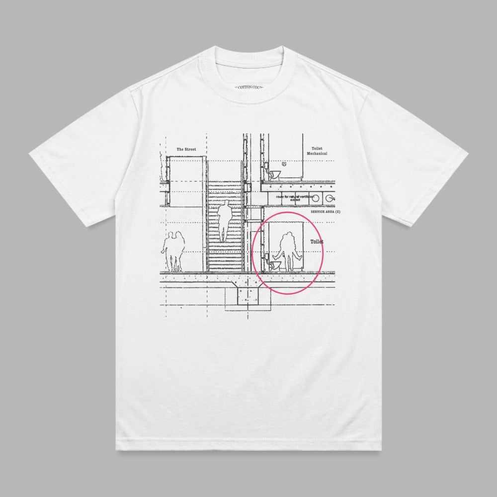 White t-shirt with a black line drawing of a building interior and people.