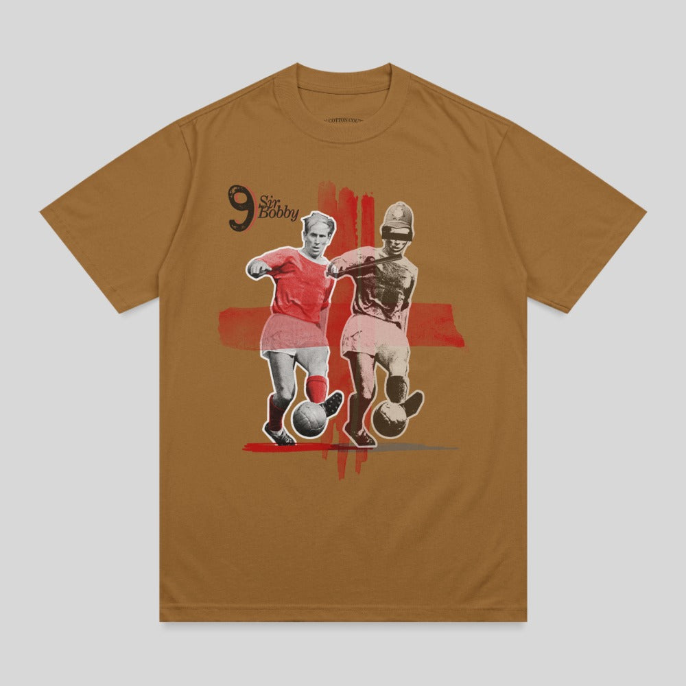Sir Bobby stylized graphic t-shirt with two vintage soccer players and a red cross.