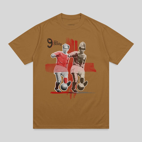 Sir Bobby stylized graphic t-shirt with two vintage soccer players and a red cross.