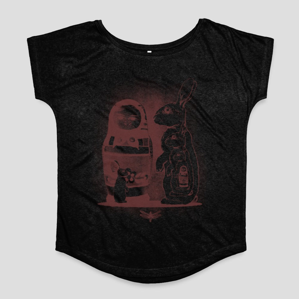 Dark Graphic Tee with Robot and Rabbit Print Shirt