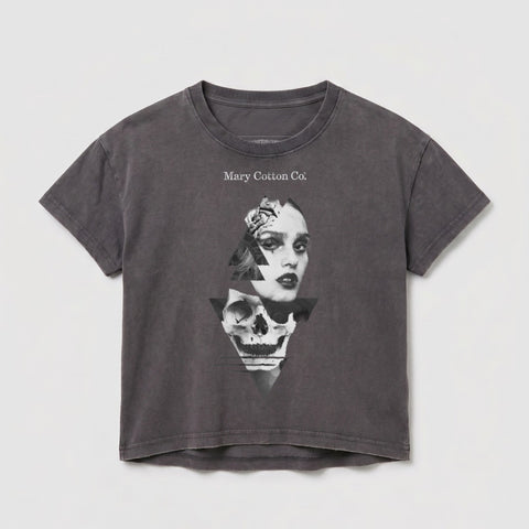 Dark gray t-shirt with a black and white graphic of a woman's face and skull.