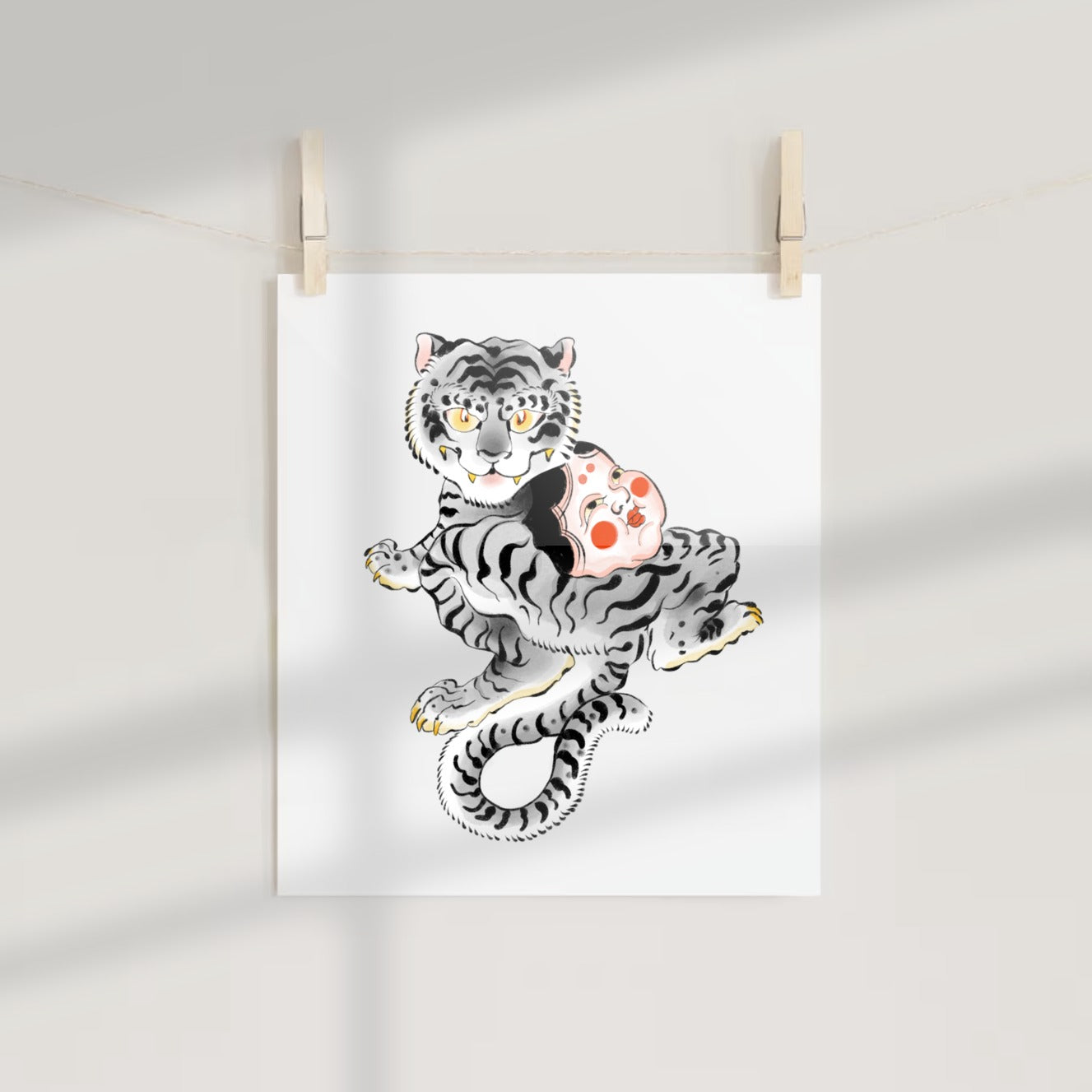 Cute White Tiger with Mask Illustration Art Print