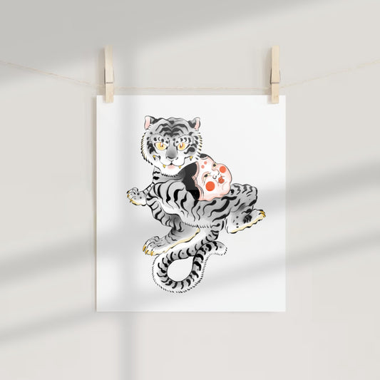Cute White Tiger with Mask Illustration Art Print