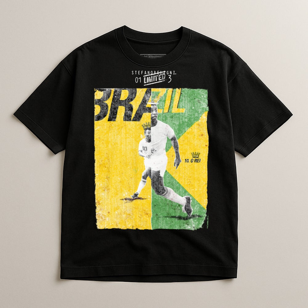 Black t-shirt with Pele in Brazil colors, "01 LIMITED 3 10.0 REI" text.