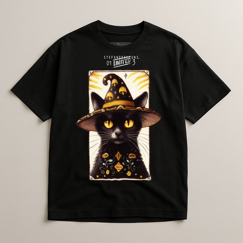 Black T-Shirt with Cat Witch Hat and Magic Symbols