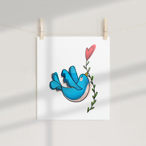 Blue Bird with Heart Illustration Art Print Decor