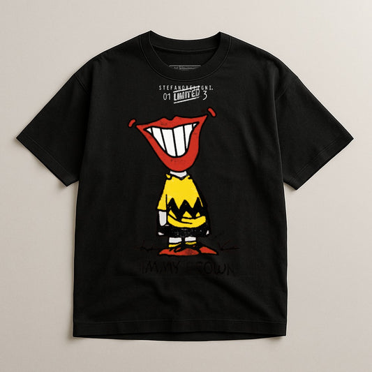 Black t-shirt with a cartoon character featuring a large smile and yellow shirt.