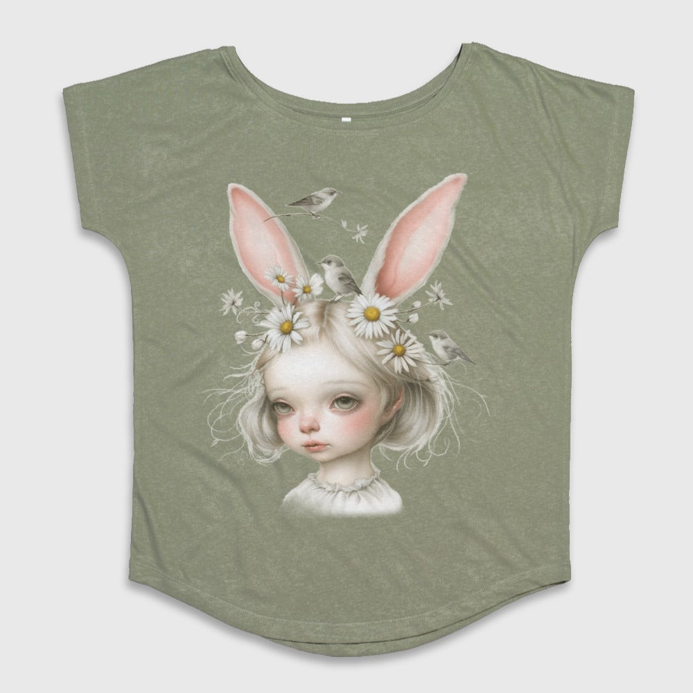 Girl with Bunny Ears and Birds Graphic T-Shirt