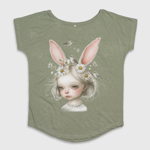 Girl with Bunny Ears and Birds Graphic T-Shirt