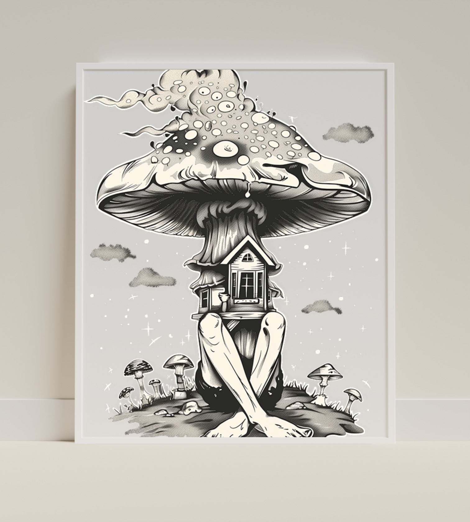 Surreal Mushroom House Art Print with Human Legs Artwork