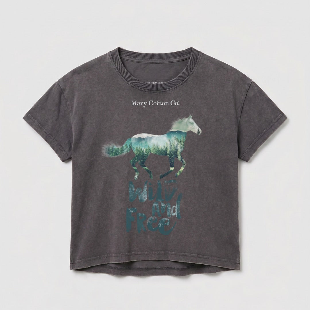 Dark grey t-shirt with a wild horse superimposed over a forest landscape and text.