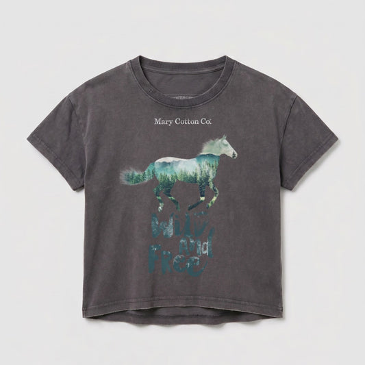 Dark grey t-shirt with a wild horse superimposed over a forest landscape and text.