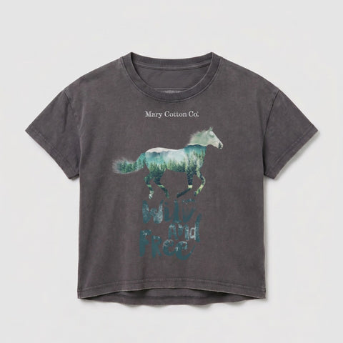 Dark grey t-shirt with a wild horse superimposed over a forest landscape and text.