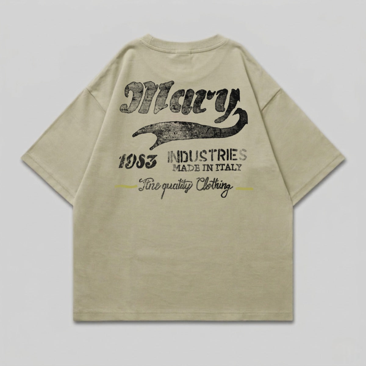 Tan t-shirt with "Mary 1953 INDUSTRIES MADE IN ITALY Fine quality Clothing" on the back.