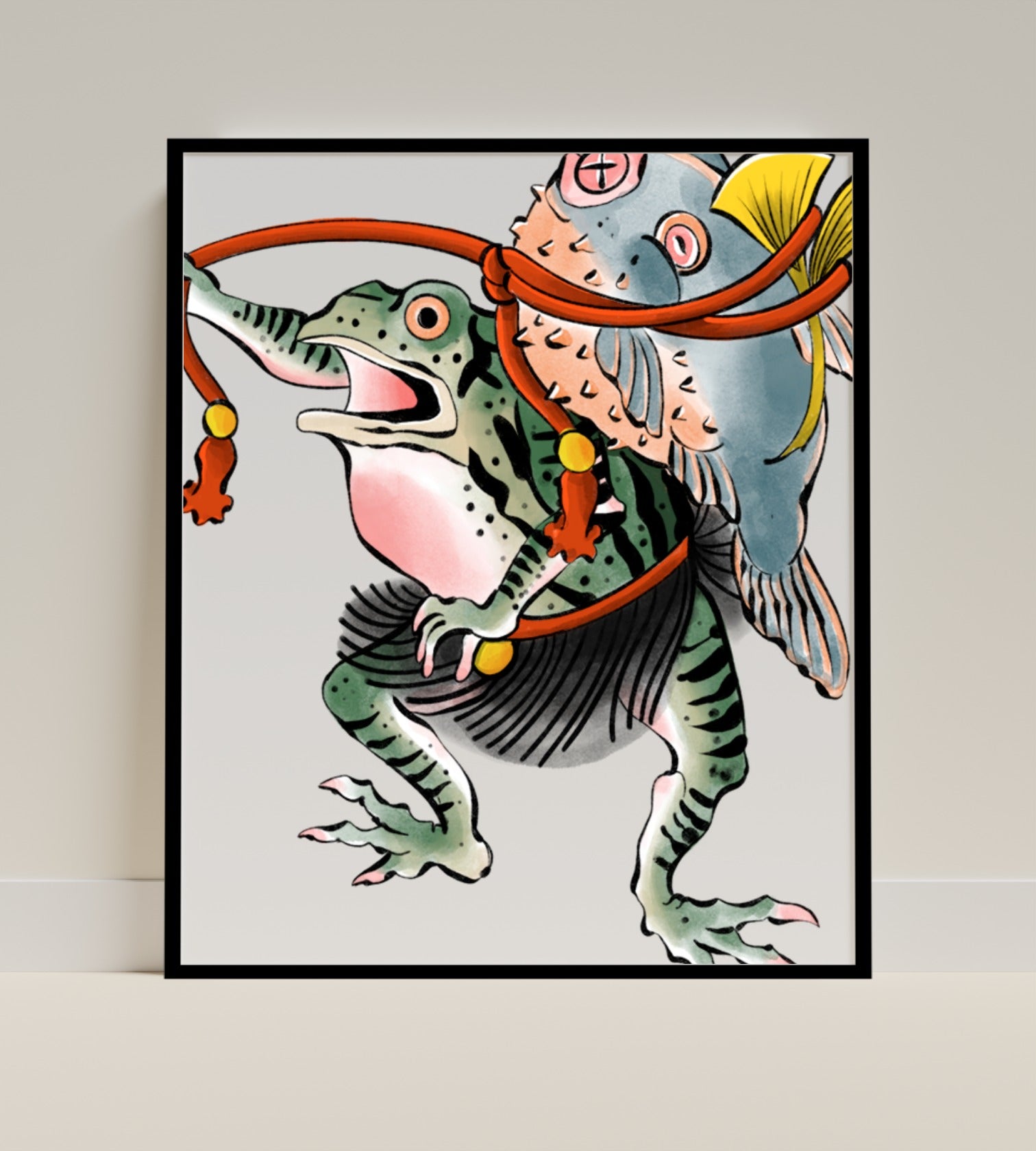 Frog Carrying Fish Japanese Style Art Print