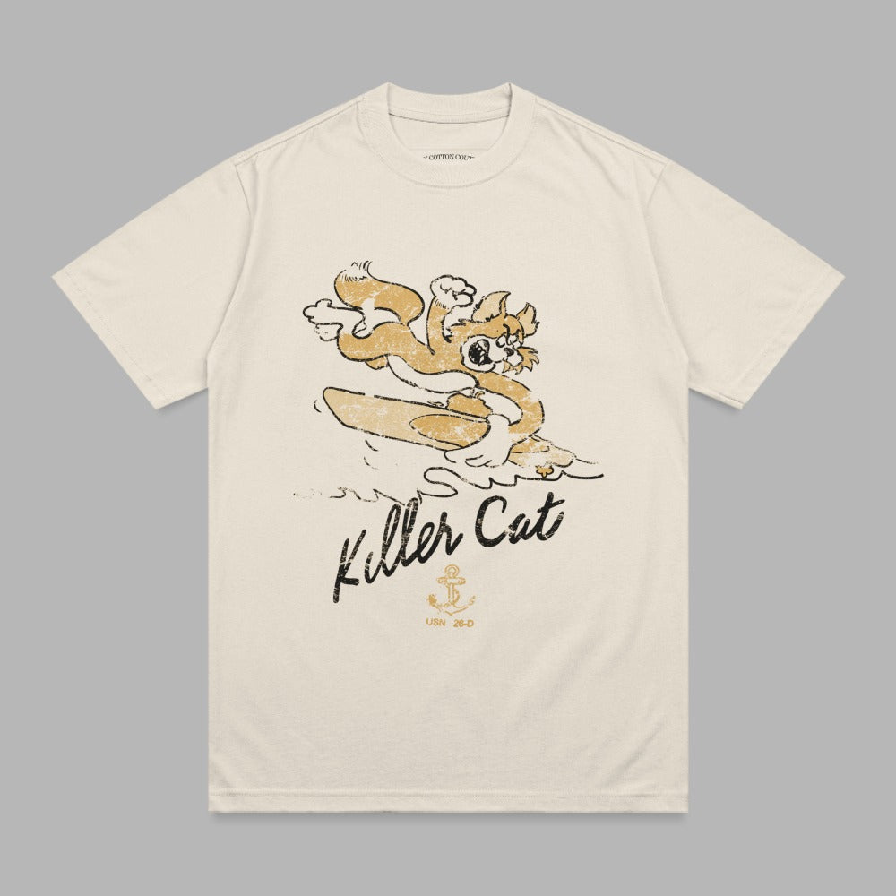 Cream t-shirt with "Killer Cat" and anchor graphic.