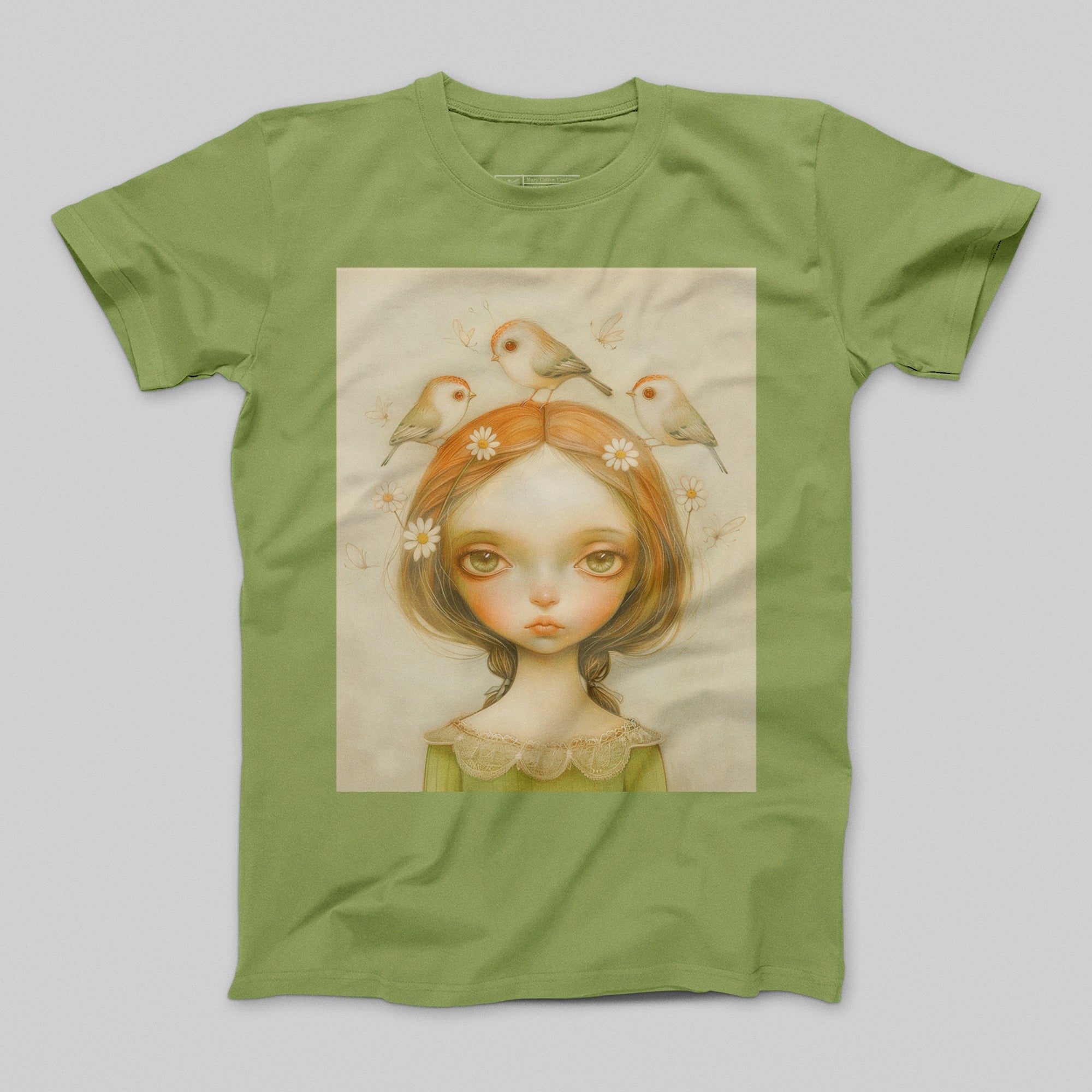 Cute Girl with Birds Illustration Green T-shirt