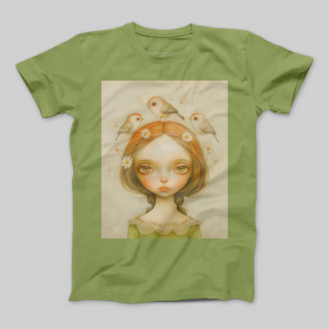 Cute Girl with Birds Illustration Green T-shirt