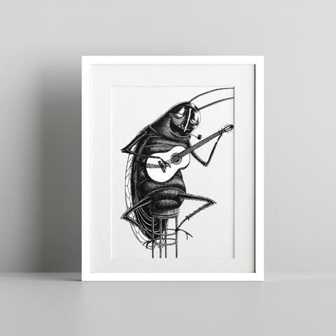 Quirky Insect Playing Guitar Black and White Art Print