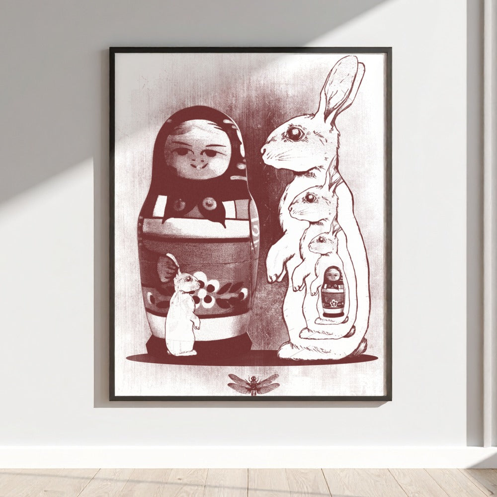 Russian Dolls and Rabbits Artistic Illustration Poster