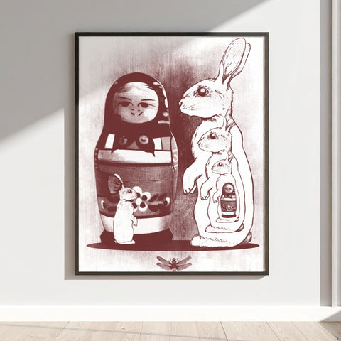 Russian Dolls and Rabbits Artistic Illustration Poster