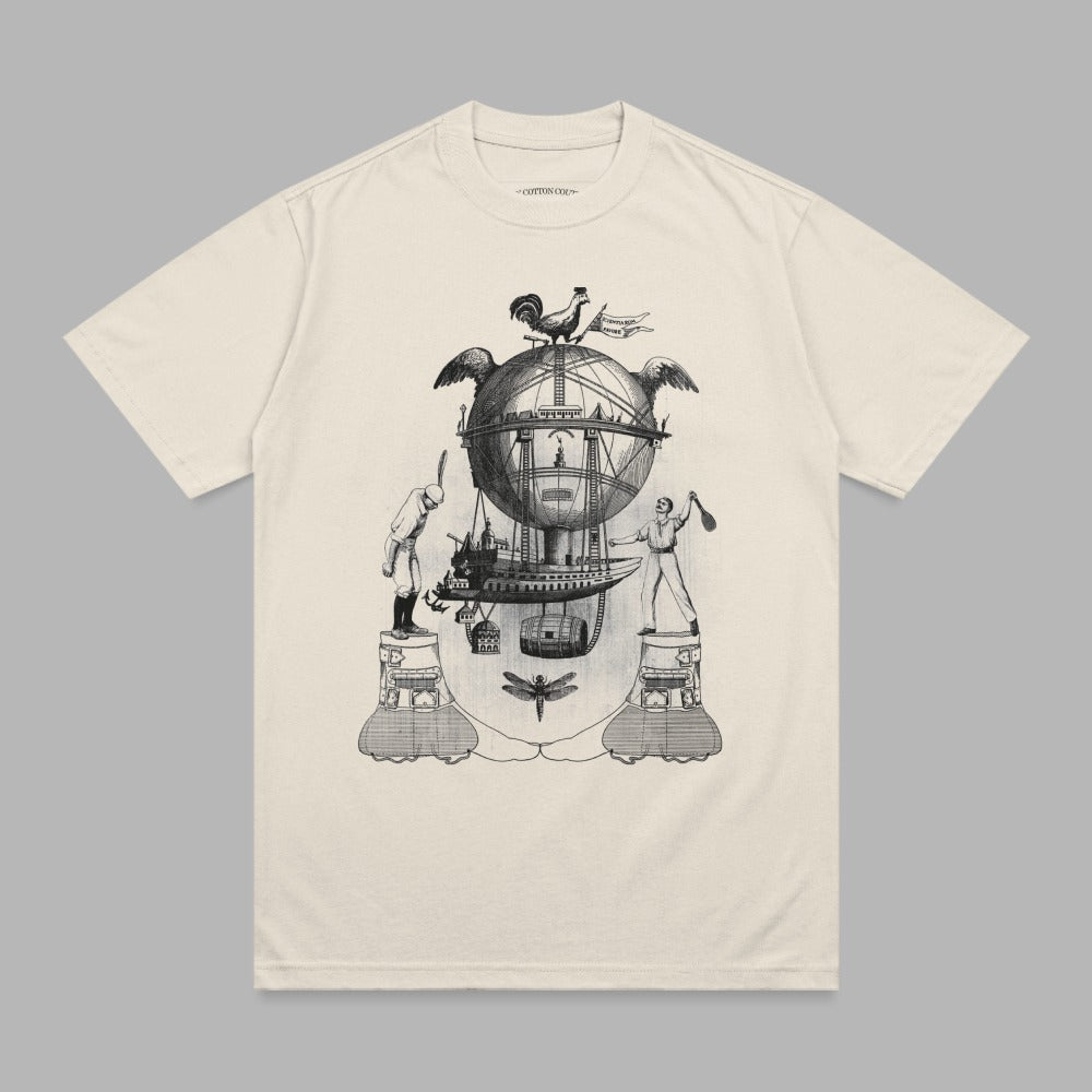 T-shirt with a detailed, vintage illustration of a hot air balloon and mythical creatures.