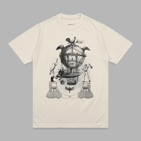 T-shirt with a detailed, vintage illustration of a hot air balloon and mythical creatures.