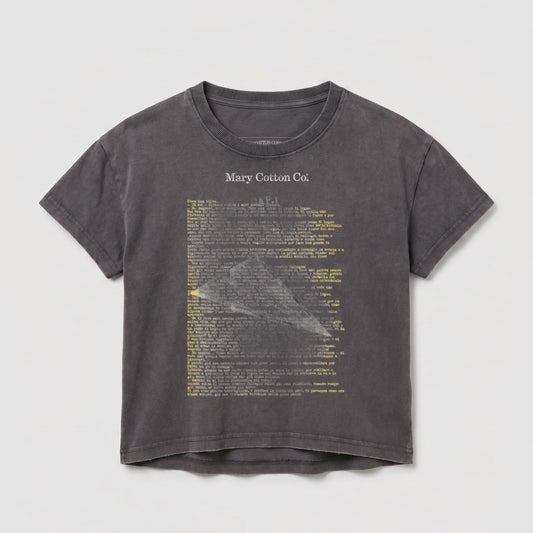 Dark gray t-shirt with "Mary Cotton Co." and text print.