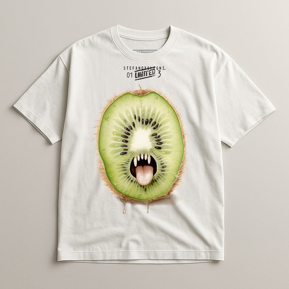 White t-shirt with a graphic of a fanged kiwi fruit with a dripping mouth.