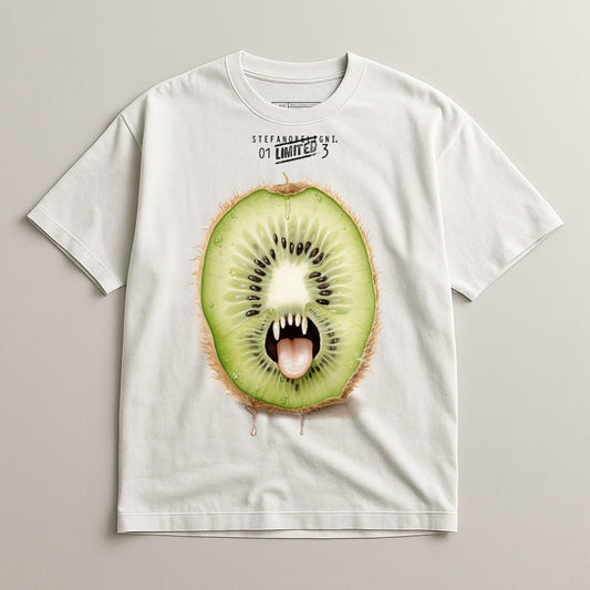 White t-shirt with a graphic of a fanged kiwi fruit with a dripping mouth.