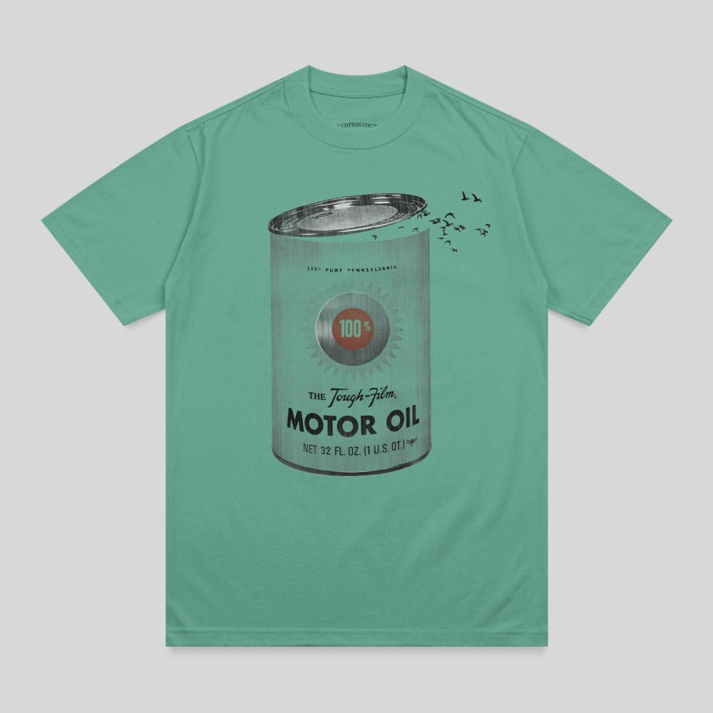 Teal t-shirt with graphic of a vintage 100% Tough-Film motor oil can.