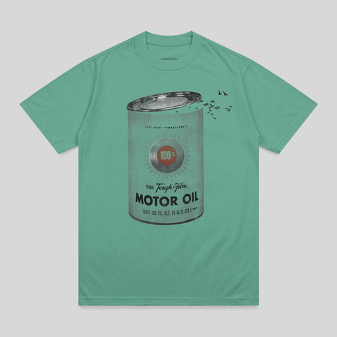 Teal t-shirt with graphic of a vintage 100% Tough-Film motor oil can.