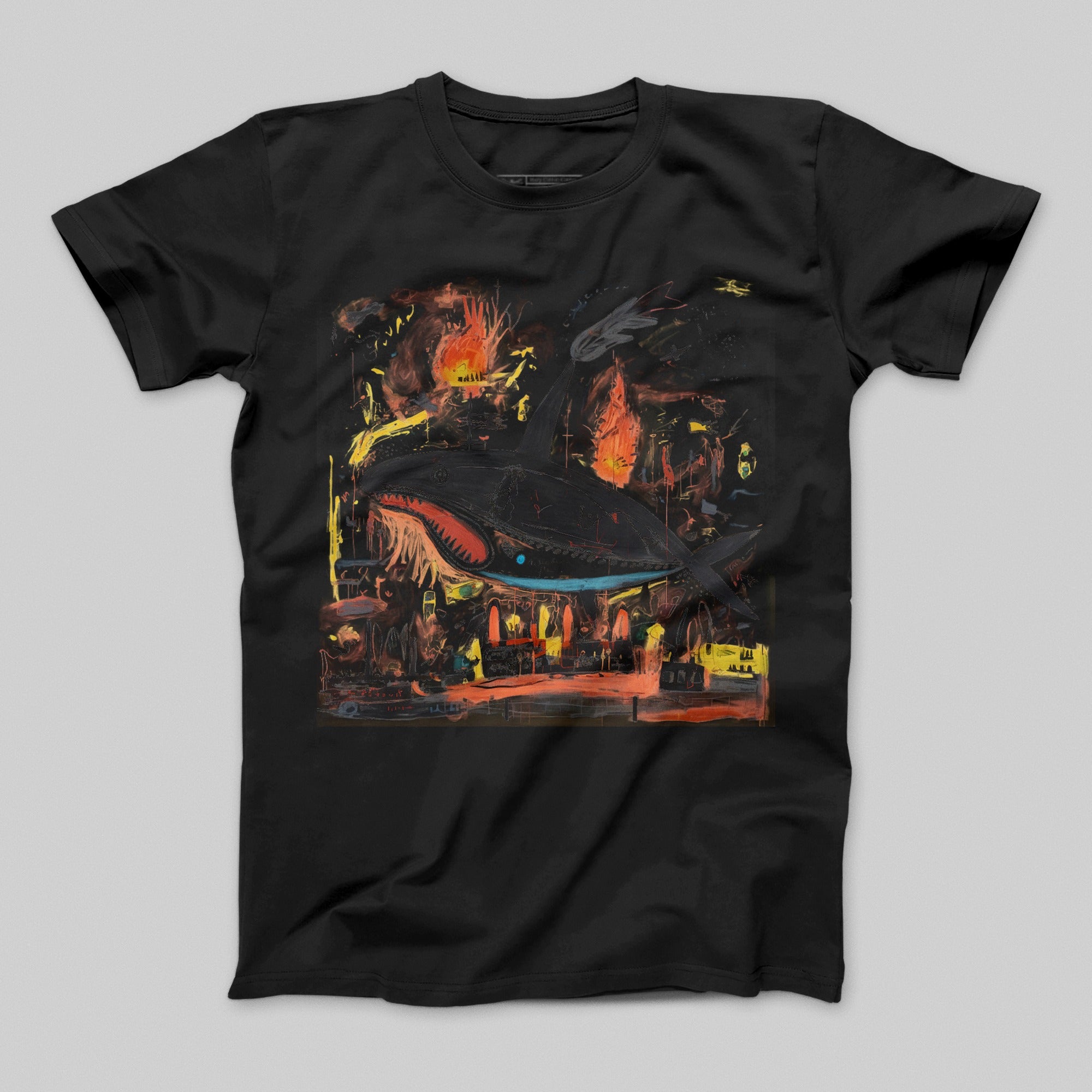 Fiery Shark Attack Art on Black T-shirt