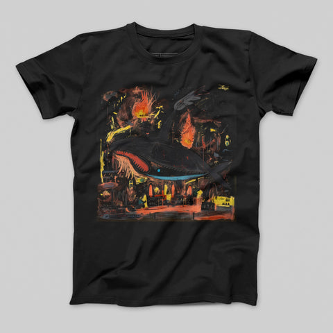 Fiery Shark Attack Art on Black T-shirt
