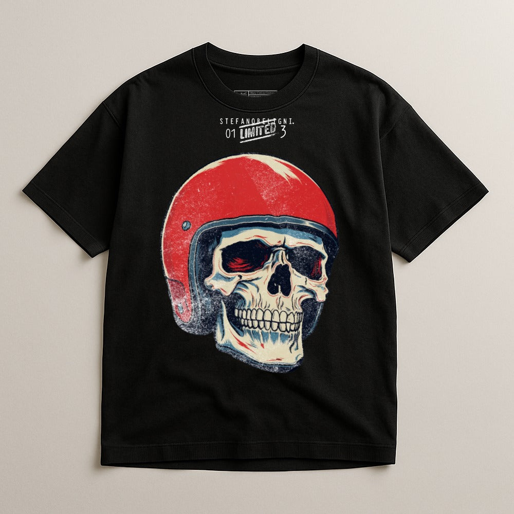 Skull Wearing Red Helmet Graphic T-Shirt for Casual Style
