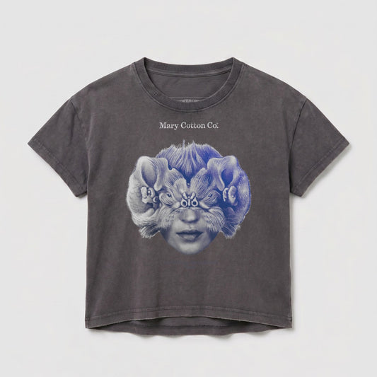 Dark gray t-shirt with a blue and white surreal graphic of a face with fur and eyes.