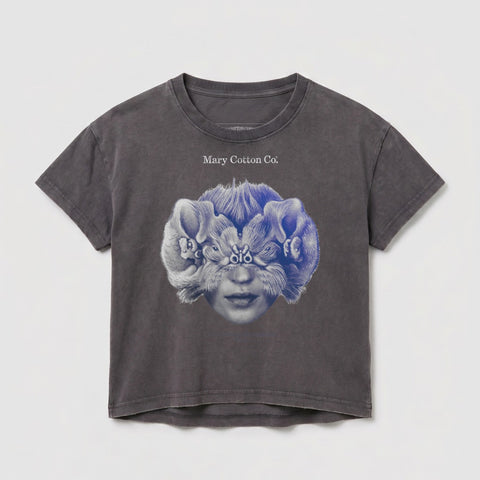 Dark gray t-shirt with a blue and white surreal graphic of a face with fur and eyes.