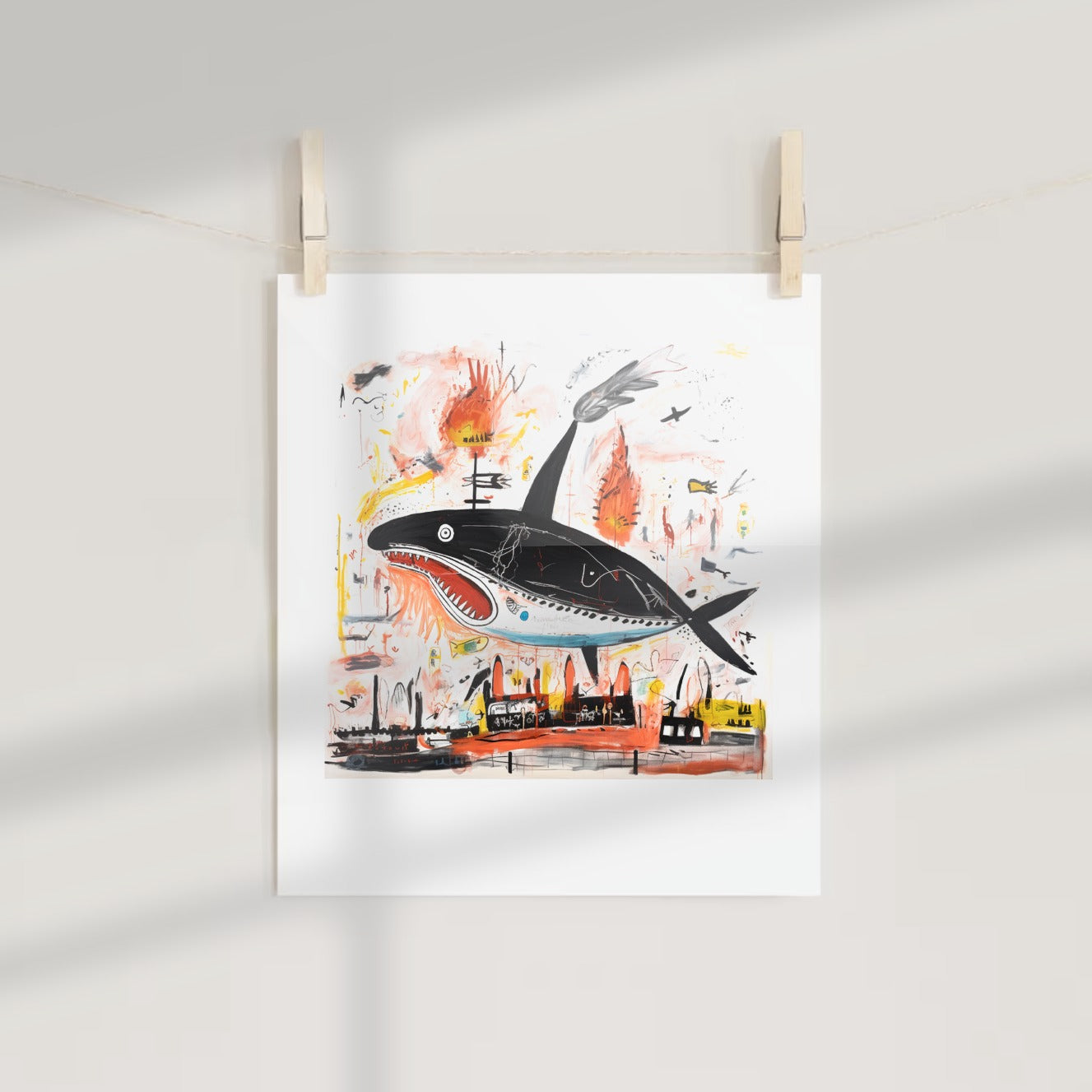 Abstract Whimsical Flying Whale Over Cityscape Artwork