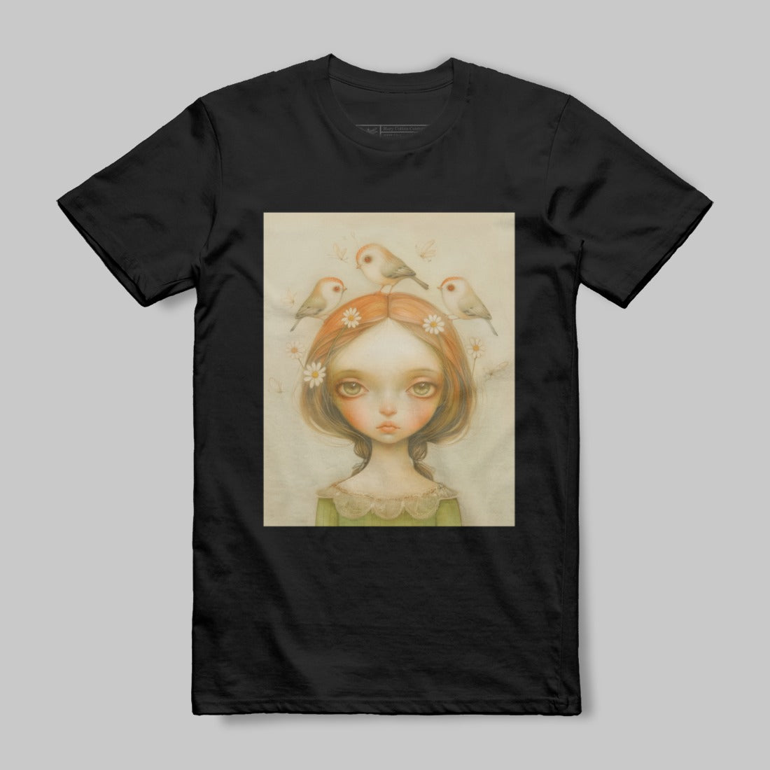 Whimsical Girl with Birds Illustration on Black T-Shirt