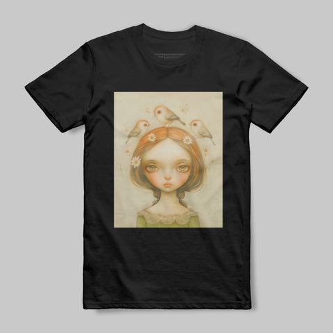 Whimsical Girl with Birds Illustration on Black T-Shirt