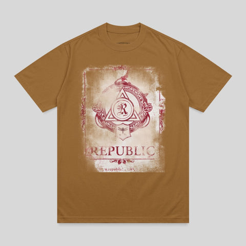 Brown t-shirt with a distressed circular logo featuring "REPUBLIC" text.
