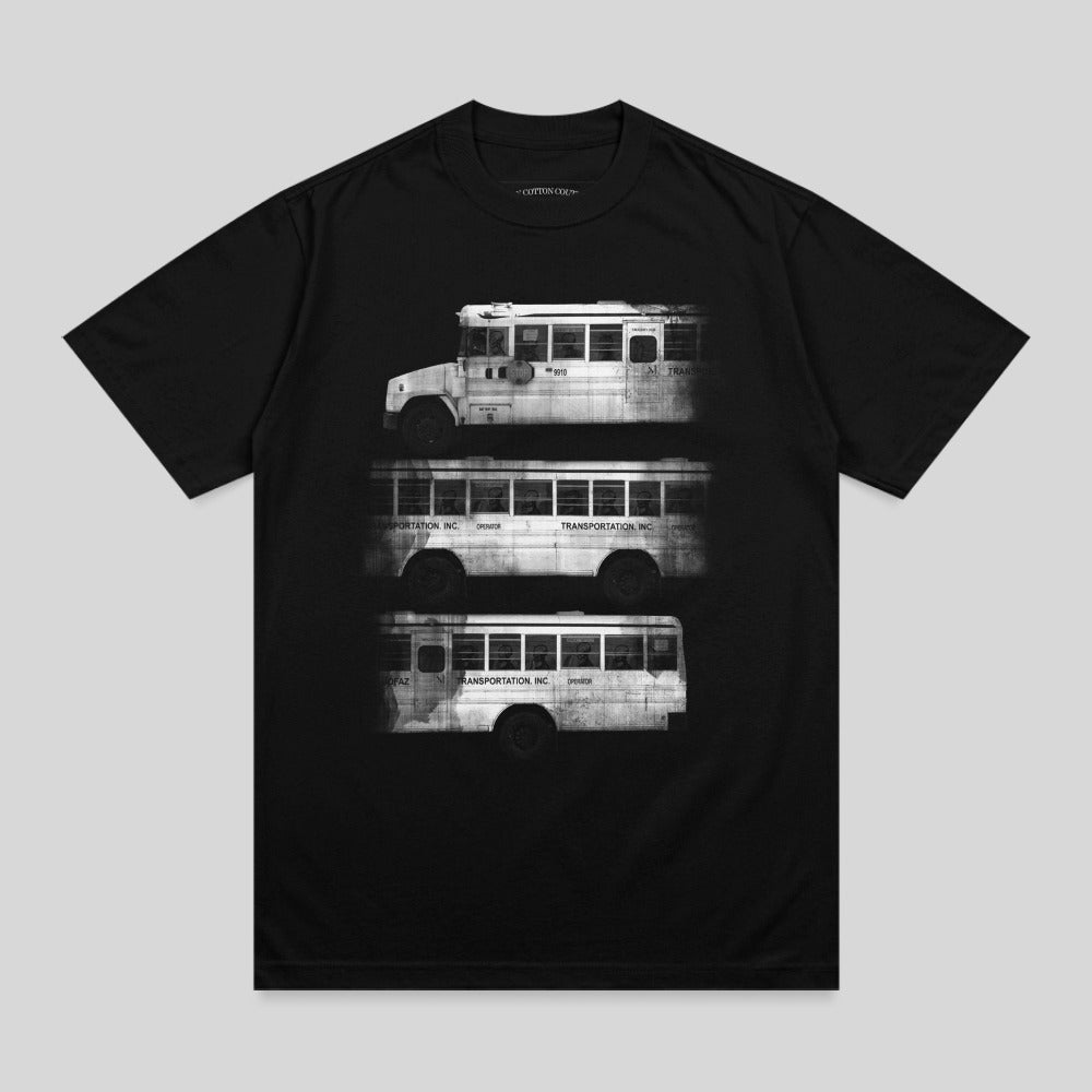 Black t-shirt featuring three monochrome images of a white school bus.