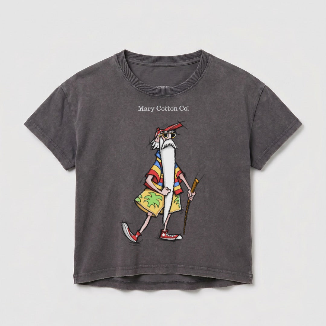 Gray t-shirt with a cartoon man in sunglasses and a Hawaiian shirt.