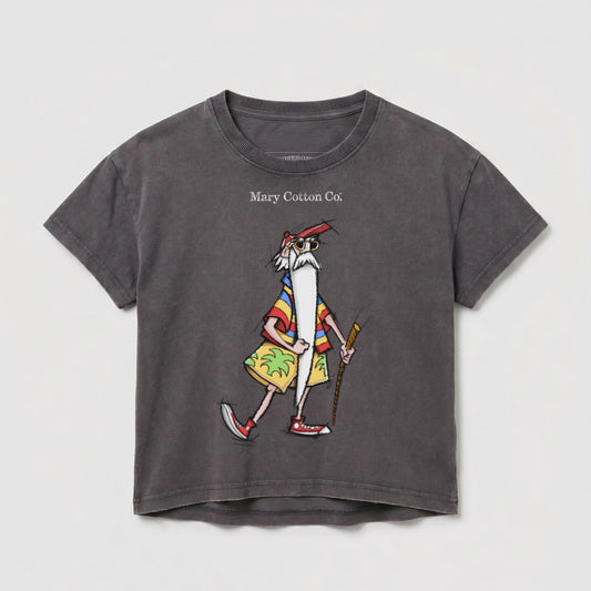 Gray t-shirt with a cartoon man in sunglasses and a Hawaiian shirt.