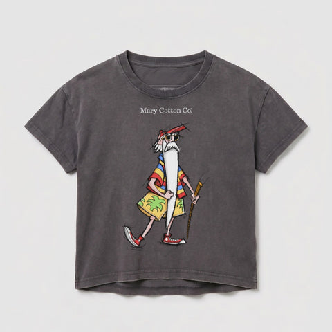 Gray t-shirt with a cartoon man in sunglasses and a Hawaiian shirt.